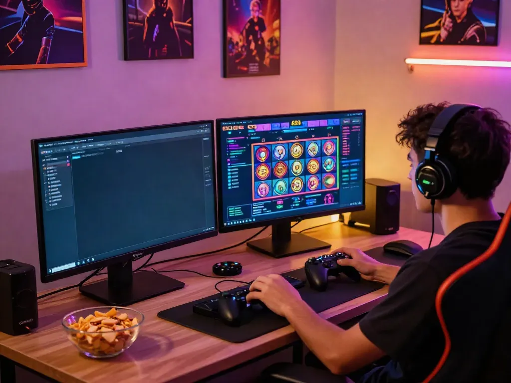 Engaged player interacting with slot88 online game in vibrant gaming setup.