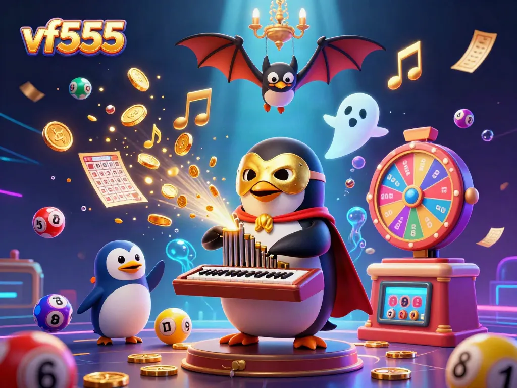 Experience thrilling wins with vf555 featuring a penguin playing a gold coin organ amid vibrant gambling elements.