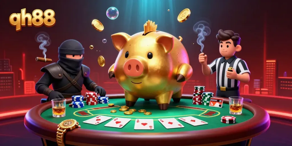 Engaging qh88 gaming scene with a golden piggy bank sumo wrestler amidst vibrant poker elements.