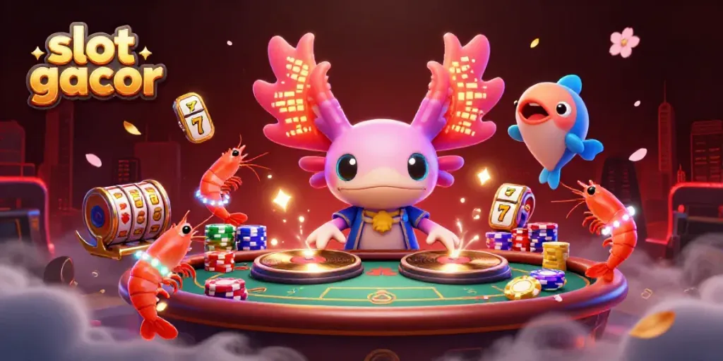 Slot gacor menarik dengan DJ axolotl neon dan unsur kasino untuk audiens Indonesia.
