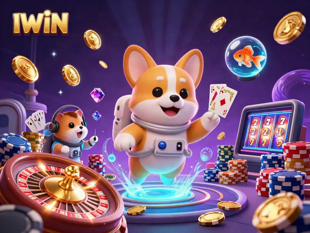IWIN space casino scene with a corgi, hamster, and goldfish amidst casino action