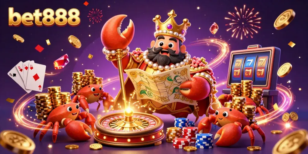Experience the thrill of bet888 with a majestic golden crab emperor amidst a lively casino scene filled with treasures and games.