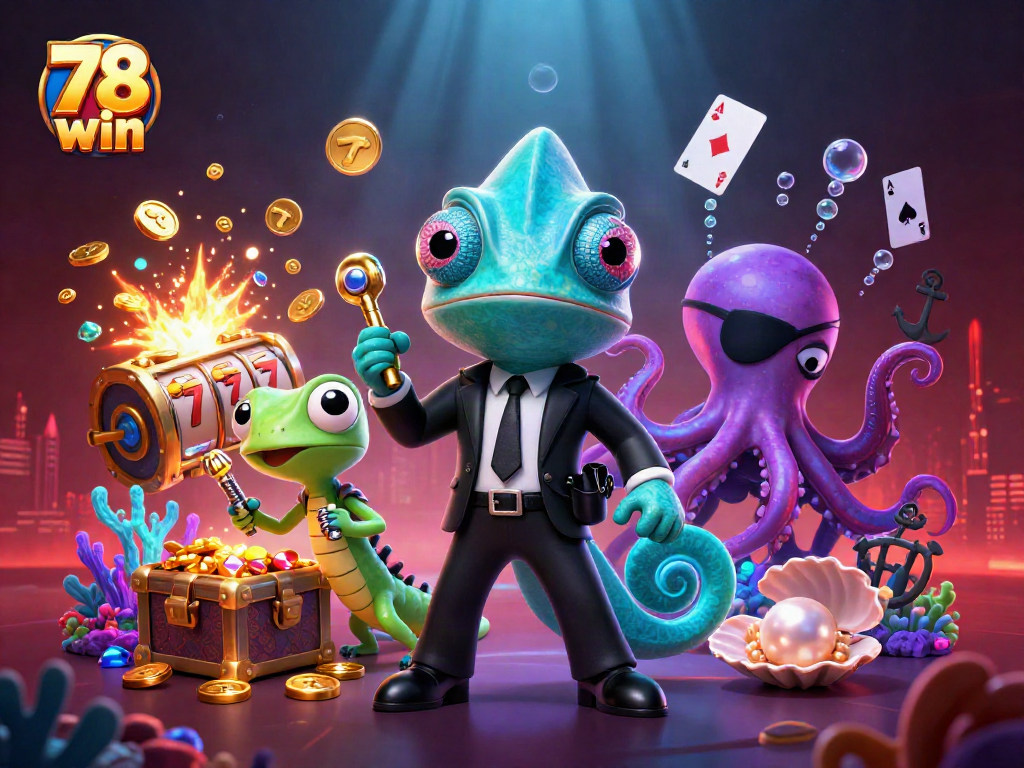 78 win highlights a secret agent chameleon, gecko companion, and villainous octopus in a vibrant casino scene.