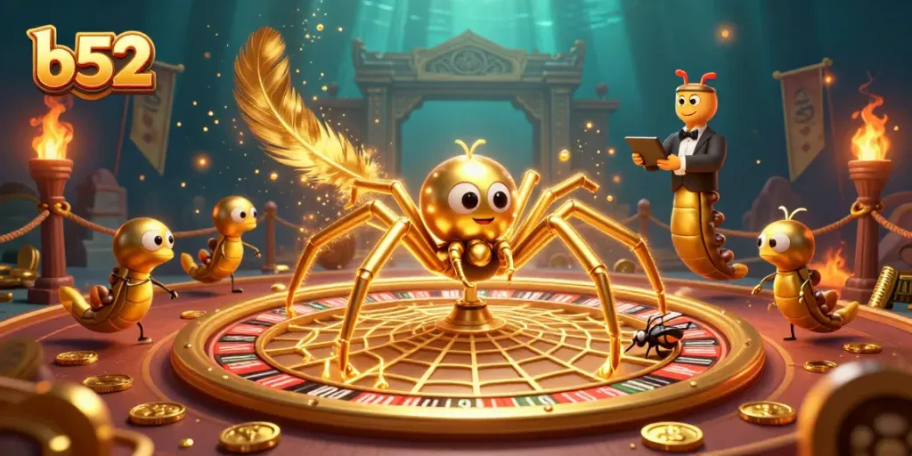 Place your bets with the b52 spider and centipede in this vibrant casino illustration.